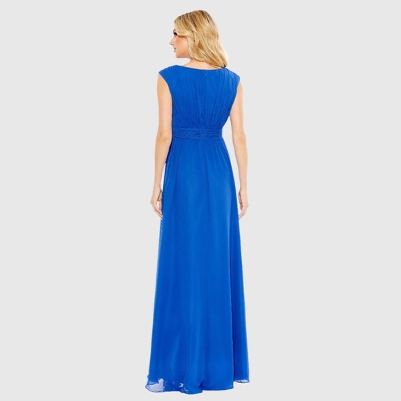 Mac Duggal 55863 NWT Blue Pleated Bateau Cap Sleeve A Line Gown - Picture 3 of 6